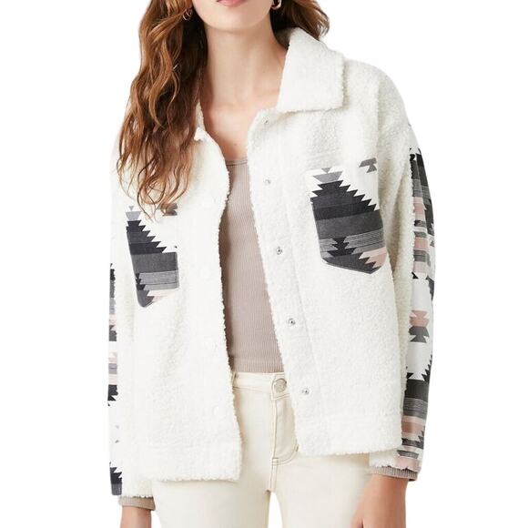 No Comment Sherpa Jacket Shacket Womens Small Ivory Fleece GEO Aztec Western NEW - Picture 1 of 13